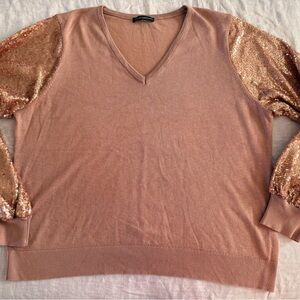 Adrianna Papell Rose Gold V-Neck Sweater with Sequin Sleeves